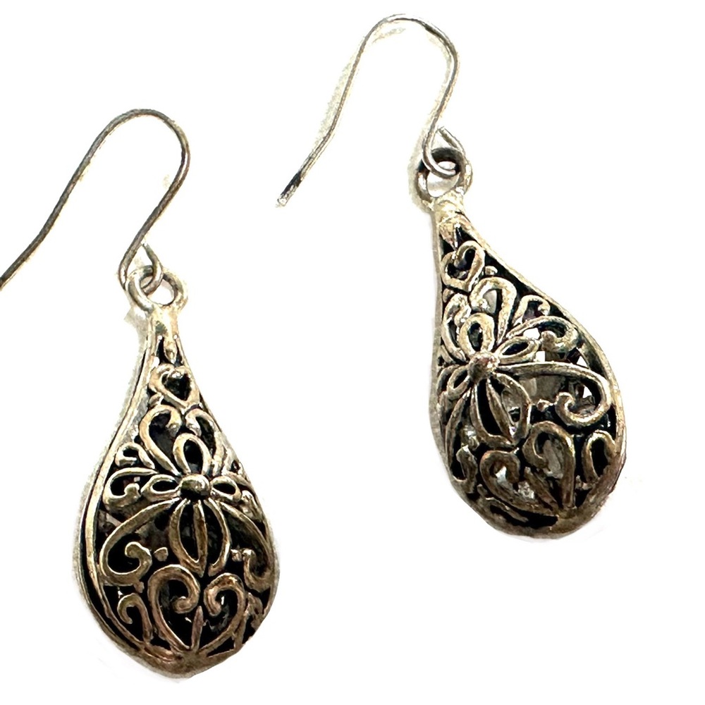 Filigree 3D Teardrop Dangle Earrings Antiqued Silver Tone Gothic Victorian